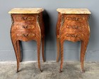 Pair Of 30  Tall Antique French Louis Xv Inlayed Nightstands With Marble Tops