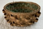 Vintage Antique Basket  Oak Splint  With Curls  Round  Beige  Brown   Green