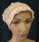 Antique 1910s 20s Pink Silk   Lace Boudoir Sleep Bonnet Nightcap