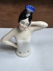 Antique German 4347 Porcelain Half Doll Pin Cushion Doll Blue Clip In Black Hair