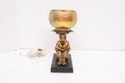 Antique Art Deco Figural Table Lamp Iridescent Art Glass Gold Aurene Shade Vtg