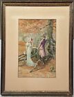 Antique Ernest Linzell  victorian Courting Scene Hearts Carved In Tree  Painting