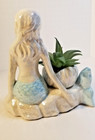 Mermaid Figurine With Shell Faux Plant Succulent Coastal Nautical Decor