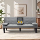 65  Futon Sofa Bed Sleeper Twin Size With Cup Holders Linen Tufted Back Chrome