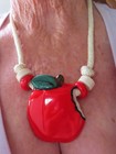Vintage 1980 s Charming Apple Ceramic Necklace On Cord