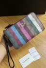 Coach Double Corner Zip Signature Wristlet With Rainbow Stripes Nwt 