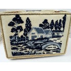 Vintage Singer Sewing Basket Woven Wicker Needlepoint Cottage Lid Blue Cream