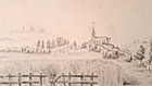 Large Drawing Original Signed 19th Landscape Bucolic Village Bridge   River