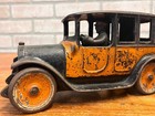 Vintage Arcade Cast Iron Car 8  1920 s Orange Black Yellow Taxi Cab W driver