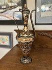 Vintage Turkish Artisan Engraved Copper Lidded Pitcher Silver Rich Brown 13   