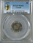 1899 Canada 5 Cent Silver Pcgs Gold Shield Ms 62 Choice Uncirculated Coin  637