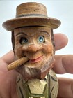 Vintage Hand Carved Painted Wood Wine Cork Bottle Stopper Cigar Man Mechanical