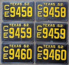 Lot Of  3  Sets Of 1952 Texas  License Plates  Consecutive Plate Numbers   