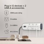 12-outlet Power Strip Surge Protector With 2 Usb Ports - 6 Ft Long Flat Plug Ext
