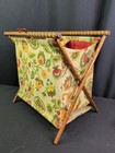 Vintage Mcm Knitting Sewing Caddy Crochet Yarn Basket Folding Wood Frame Floral