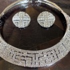Silver Tone Pave Clear Rhinestone 14    Collar Necklace Clip On Earrings Set Vtg