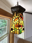 Tiffany  signed  Rare Original Hanging Lighting Stained Glass Flowers 12 h
