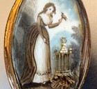 Antique Georgian Sepia Miniature Mourning Brooch C 1790  Woman W  Bird And Cage