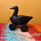 Antique Hand Carved Wooden Duck Pull Toy On Wheels Secret Trinket Box Folk Art