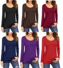 New Womens Ladies Long Sleeve Stretch Plain Round Scoop Crew Neck T Shirt Top 