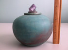 Raku Pottery Cremation Urn   Home Decor Pot Signed Diane De Baun Aqua W Amethyst