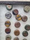 Vtg Bottle Cap Display Of 60 - Pepsi Whistle Bubble Up Chocola Coca-cola Etc 