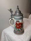 Fine Antique Hauber Reuther German Ceramic Stein Fab Pewter Lid Relief 1 2l Mkd