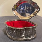 Vintage Metal Trinket Jewelry Box Japan Victorian Scene Dog Red Velvet