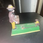 Vintage Cast Iron Style Mechanical Monkey Bank Coin Bank W  Lever   Box