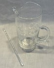 Vintage Clear Glass Etched Flowers Martini cocktail Pitcher With Stir Stick