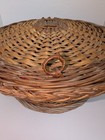 Vintage Wicker Sewing Basket Made In Spain Floral Lined Pincushion Lid Wood Base