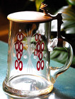 Antique Etched Hand Blown Glass Beer Stein W Lid Enamel Overlay Bohemia Germany