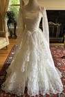 60   s Vtg White Illusion Lace Long Sleeve Tiered Wedding Dress Chapel Train Xs