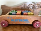Vintage Playskool Wooden Pull Wagon With Multi-color Blocks