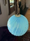 Vintage Mid Century Modern Blue Glass Ribed Globe Pendant Light With Chain