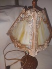 Vintage Art Nouveau Metal Boudoir Lamp W  Caramel Slag Glass Shade 15  Tall