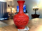 Antique Vtg Chinese Carved Floral Red Cinnabar Blue Enamel Brass Lacquer Vase 9 