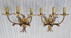 Antique Spanish Gilt Tole Pair Wall Sconces Lamp 3 Lights Gilded Leaves Vintage