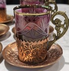 6 Antique Turkish Copper Coffee Cups W  Hand Cut 2 Clear Cranberry Glass Inserts