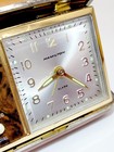 Vintage 1970s Hamilton Travel Alarm Clock Faux Wood Gold Tone Case Ticks Rings