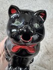 Vintage Shafford Redware Pottery Black Cat Creamer With Green Eyes And Red Bow