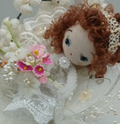 Vintage Handmade Wedding Corsage Stockinette Girl Red Head Lace Pearls Flowers