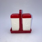Vintage Salt And Pepper In Caddy Superlon Hard Plastic Red White Mid Century