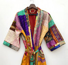Upcycle Silk Kantha Patchwork Kimono  Japanese Style Unisex Robe  Silk Dressing