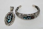 Carolyn Pollack Relios 925 Sterling Silver Inlay Cuff Bracelet   Pendant Set Vtg