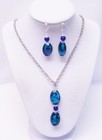 Teal Blue Foil Lined Oval Glass Bead Pendant Necklace   Earrings Set