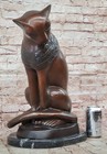 Hand Made Egyptian Cat Bronze Sculpture Marble Base Statue Large Decor Artwork