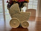 Vintage Blue Ceramic Baby Buggy Stroller Cute Little Planter Nursery Decor