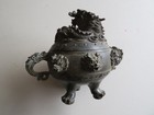 Old Chinese Elaborate Bronze Dragon Themed Censer Or Incense Burner On 3 Feet
