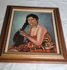  Vintage Native American Indian Young Girl Painting On Canvas Framed